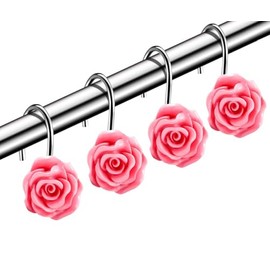 12 Pieces Rose Flower Shower Curtain Hooks, Decorative Valentines Day Curtain Hooks,Stainless Steel Rust Resistant Curtain Rings, Pink