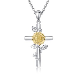 YAFEINI Sunflowers Necklace 925 Sterling Silver Sunflowers Cross Pendant Necklace Birth Flower Jewellery for Women