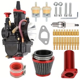 PWK28 30MM carburetor for Predator 196cc 212cc 5.5hp 6.5hp, Coleman Powersports CT200 BT200 MB200 Mini bike, KT196 Twister, and 80T Go Kart Cart Part +42mm air filter (red)