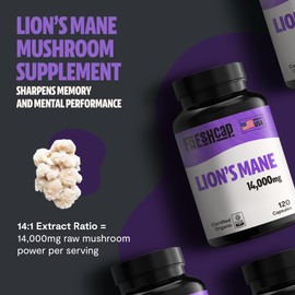 FreshCap Mushrooms Lions Mane Supplement Capsules 14,000mg - Lion's Mane, High Potency Extract, 14:1 Organic Mushroom Supplement, Ayurveda Focus Made in USA (120 Capsules)