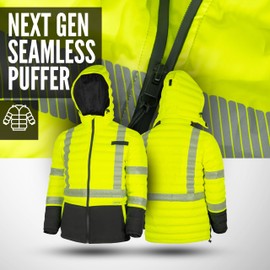 Pioneer Hi Vis Seamless Puffer Jacket for Men - High Visibility Waterproof Winter Parka - ANSI Class 3