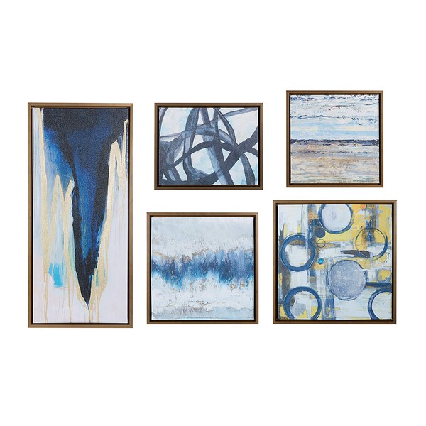 Madison Park Wall Deco Bronze Blue Bliss Galary 5-Piece Set, Canvas in Decor Boxes, Abstract Style Framed Art, Natural