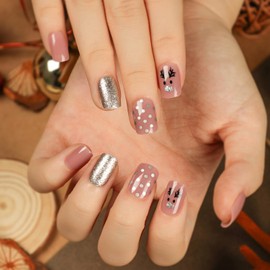 Christmas Press on Nails Coffin Short Length, 24Pcs Artificial Fake Nails with Xmas Elk Designs, Glossy Full Cover Winter Acrylic Square False Nails Glue Stick on Fingernails for Women