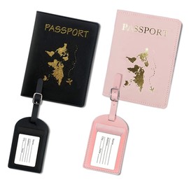 PLABBDPL 4 x Suitcase Tag and Passport Cover Set, Luggage Tag with Address Label for Luggage, Suitcase, Bag, Passport Holder for Credit Cards, ID and Travel Documents (Black + Pink)