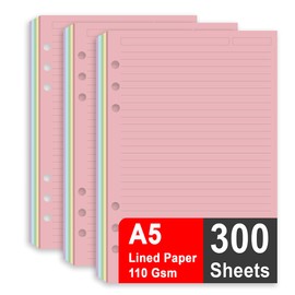 (3 Pack) A5 Filler Paper, 6 Hole Notebook Refills Paper for 6 Ring Refillable Binder, 110 Gsm 5-Color Loose Leaf Planner Refill Paper, 300 Sheets/600 Pages, 5.7x8.3 Inch