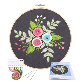 Full Range of Embroidery Starter Kit with Pattern, Kissbuty Cross Stitch Kit Including Embroidery Fabric with Floral Pattern, Bamboo Embroidery Hoop, Color Threads Tools Kit (Colored Roses)
