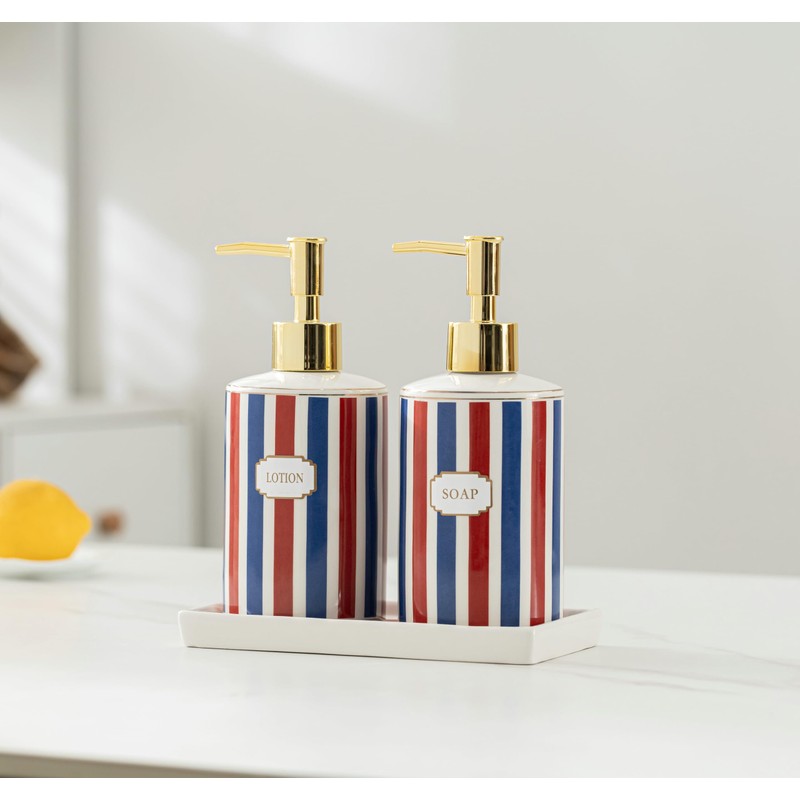 Patriotic Red, White & Blue Ceramic Soap Dispenser Set with