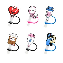 6Pcs Straw Covers, Silicone Straw Tip Covers, Straw Toppers for Tumblers, Reusable Drinking Dust Proof Straw Tip Covers for 6-8mm Straws (Nurse Theme)