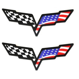 2Pcs Front Hood & Rear Fascia Crossed Flags Emblems Car Badge Replacement for 2005-2013 Corvette C6 (US Flag-Black)
