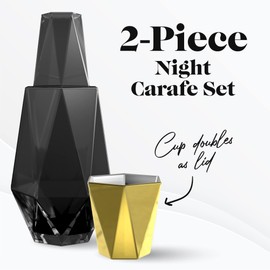 American Atelier Modern Geometric Bedside Carafe | 2Piece Set Bedside Water Carafe | Glass Carafe with Cup that Doubles as Lid | Bedside Water Carafe and Glass Set in Black/Gold (37oz)