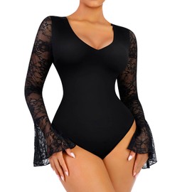FeelinGirl Womens Lace Bodysuit Tummy Control Long Sleeve Black Bodysuit Bell Sleeve Tops V Neck Shaper Lace Body Suits