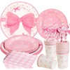 EASY JOY 80Pcs Bow Party Tableware Set Pink Bow Party
