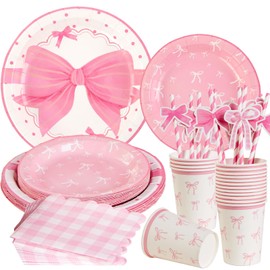 EASY JOY 80Pcs Bow Party Tableware Set Pink Bow Party Plates Birthday Party Decor for Girl Party Plates Cups Napkins Bow Birthday Party Supplies for Baby Shower Afternoon Tea Wedding Serves 16 Guests