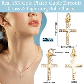 Beebeecraft 1 Box 12Pcs Cubic Zirconia Charms 18K Gold Plated Brass Cross Lightning Bolt Charms for DIY Necklace Earring Jewelry Making