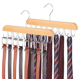 ELONG HOME Belt Hanger for Closet, 2 Pack Closet Organizers and Storage Belt Rack Max 48 Belts, Multifunction Wooden Hanger Tie Rack