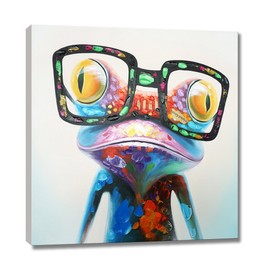 SEVEN WALL ARTS - Happy Frog with Glasses Painting Cute Animal Cartoon Pictures Oil Painting Hand Painted on Canvas Colorful Framed Artwork for Living Room Kids Room Decor 24 x 24 Inch