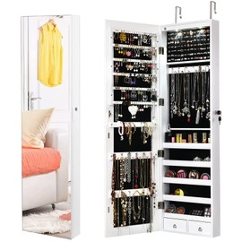 Byroce 47.5''H Jewelry Armoire, Over the Door/Wall Mounted, Full Length Mirror with Jewelry Storage, 2-LED Lockable Jewelry Cabinet with 2 Drawers, Hanging Jewelry Organizer for Bedroom (White)