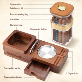 SEMKONT Cigar Humidor and Ashtray Set,Wooden Tray with Acrylic Humidor Jar,Cutter Holder,Drawer,Slot and Cigar Cutter Accessories,Home Gift Sets for Men (Brown-Square)