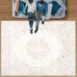 Area Rug 8x10 Vintage Rug: Large Washable Indoor Medallion Rug Low Pile Distressed Floor Carpet Retro Accent Rug for Living Room Bedroom Kitchen Dining Table Home Office(Distressed Beige, 8'x10')