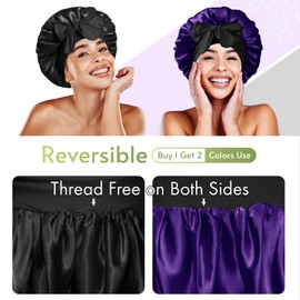 BONNET QUEEN BONNET QUEEN Silk Bonnet for Sleeping Women Hair Bonnet REVERSIBLE Double Layer Satin Bonnet Tie Bonnet Sleep Satin Hair Wrap Night Cap For Curly Hair Black Purple