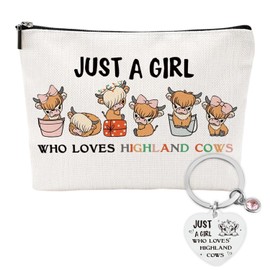 Highland Cow Gifts, 2 Pcs Highland Cow Gift Set for Women with Cattle Makeup Bag and Keyring, Travel Toiletry Pouch Animal Themed Party Supplies Gifts for Women Men Bestie Friend Wife Sister