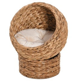 PawHut PawHut Handwoven Elevated Cat Bed with Soft Cushion & Cat Egg Chair Shape, Cat Basket Bed Kitty House with Stand, Raised Wicker Cat Bed for Indoor Cats, 20.5" H, Brown