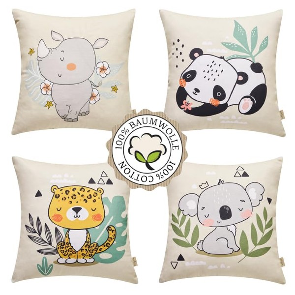 100% High Quality Cotton: Children's Cushion Covers 40 x 40 cm (Set of 4) | Charming Animal Motifs: Rhino Leopard Panda Koala | German Quality | Stylish Nursery Decoration