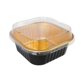KitchenDance Disposable Aluminum 4 1/4" x 4 1/4" Square 11 ounce Dessert Pans W/Lids - #A-24P (50, Black w/Gold Interior)