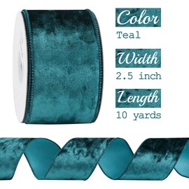 MEEDEE Teal Velvet Ribbon 2.5 Inch Velvet Wired Ribbon Crushed Teal Velvet Christmas Ribbon 10 Yards Teal Blue Velvet Ribbon for Christmas Tree Decoration, Wreath Supplies, Crafts Bow Making