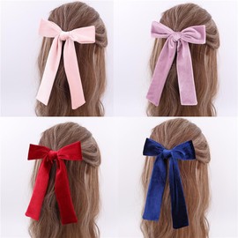 4 PCS Long Tail Velvet Bow Hair Clips for Girl Kids Baby Mom Ponytail Cheer Bows Alligator Clip Young Girls and Women Fall Winter Velvet Hair Accessories (Navy/Wine/Pink/Orchid)