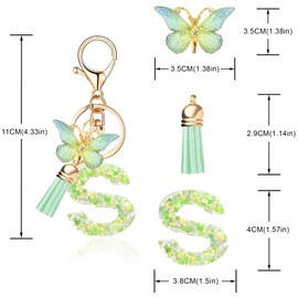 OKAICEN Fashion Alphabet Initial Letter Keychain Green Tassel Butterfly Pendant Key Ring for Purse Handbags Women Girl('S')