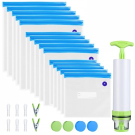 Sous Vide Bags Kit 28PCS - 15 Reusable Vacuum Food Storage Bags,6 Sealing Clips,2 Clamps for Food Storage,1 Hand Pump,4 Sous Vide Magnets to Keep Bags Submerged and in Place