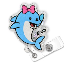 Cute Dolphin Badge Reel Retractable for Nurse Nursing RN CNA LPN Medical Worker & Teacher, Funny Pediatric Nurse Gifts, Ocean Animal Badge Holder with Alligator Clip & 24” Durable Nylon Cord | Acrylic