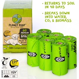 PLANET POOP Home Compostable Dog Poop Bags, 60 Premium Pet Waste Bags on Refill Rolls for Dogs, Un-Scented Dog Waste Bags, Thick Leakproof Doggy Cat Bag, Plant-Based Pet Supplies