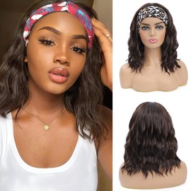 Nayominia Headband Wigs For Black Women Short Wavy Headband Wig 14 Inch Chocolate Glueless Wig Heat Resistant Fibers Synthetic Hair Natural Look（#4）