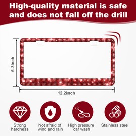 QUANQIUFEI 2 Pack Bling License Plate Frames for Women, Sparkly Rhinestone Diamond Car Accessories with Glitter Crystal Caps (Burgundy)