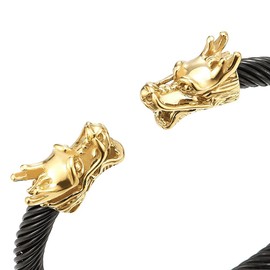 COOLSTEELANDBEYOND Adjustable Mens Gold Black Dragon Bracelet, Steel Twisted Cable Bangle Cuff Bracelet, Polished
