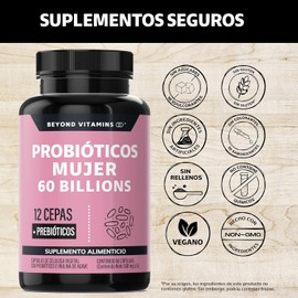 🌸 Probióticos Mujer 60 Billion + Prebióticos e Inulina de Agave | 12 Cepas | Microencapsulados | Vegano 🌱 | Sin Azúcar ❌ | Más allá de las vitaminas | 60 Cápsulas