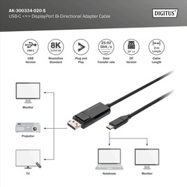 DIGITUS USB Type-C to DisplayPort Bidirectional Max. Resolution 8K @ 30Hz, Length: 2m, Black