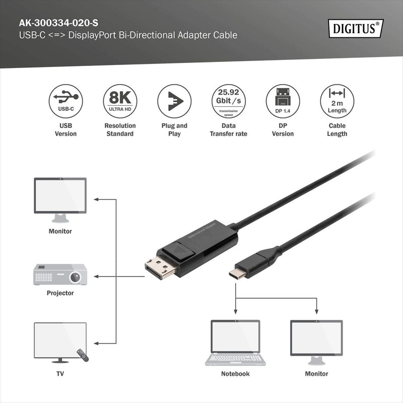 DIGITUS USB Type-C to DisplayPort Bidirectional Max. Resolution 8K @