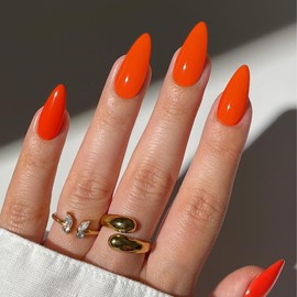 KQueenest 48 Pcs Almond Press on Nails Medium Length, Glossy Orange Nails Press on Acrylic Fake Nails Brighter Solid Color Stiletto Glue on Nails Medium, Gel Stick on Nails for Women