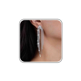 Silver Wedding Earrings Brides Long Rhinestone Earrings Sparkle Crystal Dangle Earrings Diamond Prom Earrings Bridal Cz Drop Earrings Tassel Chain Rhinestone Statement Earrings Jewelry for Women