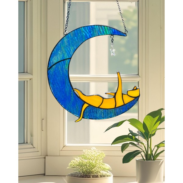 Langodeco Cat and Moon Suncatchers, Stained Glass Window Hangings (Blue