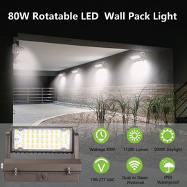 Rotatable LED Wall Pack Light with Dusk to Dawn Photocell, 80W 11200LM 400-600W HPS/HID Equiv., 5000K Daylight ETL Commercial Outdoor Security Lighting for Warehouse, Entrance, Parking, Garage