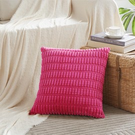 Fancy Homi 2 Packs Hot Pink Decorative Throw Pillow Covers 18x18 Inch for Living Room Couch Bed Sofa, Rustic Farmhouse Boho Home Decor, Soft Striped Fuschia Corduroy Square Cushion Case 45x45 cm