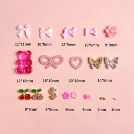 3D Pink Flowes Nail Charms Y2K, Cute Resin Bear Star Heart Bow Nail Art, Gold Silver Butterfly Cherry Charms Nail Design for Women Nail Art Accessories Manicure DIY Crafts