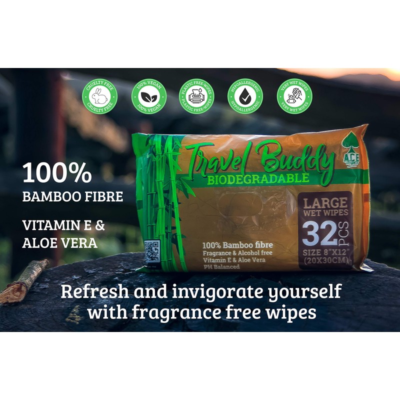 Travel Buddy Large Biodegradable Wet Wipes - Camping, Festival, Hiking,