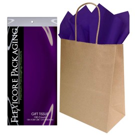Flexicore Packaging Brown Kraft Paper Gift Bags & Purple Gift Wrap Tissue Paper Size: 8 Inch X 4.75 Inch X 10.5 Inch | Count: 50 Bags | Color: Purple