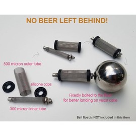 FLOTit 2.0 – Double Filter Inlet (DFI) with 500/300 micron mesh for floating dip tube with a ball float for always clear beer, less beer waste, and no clogging.