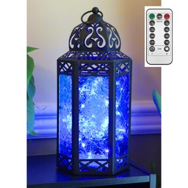 Vela Lanterns Black Metal Moroccan Decorative LED Fairy Lights Candle Lantern Holders for Home Decor, Patio, Weddings, Blue Glass, Large